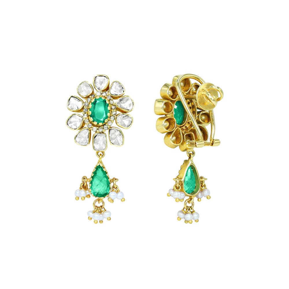 Polki Earrings with Emerald Center, Drops, and Pearl Accents